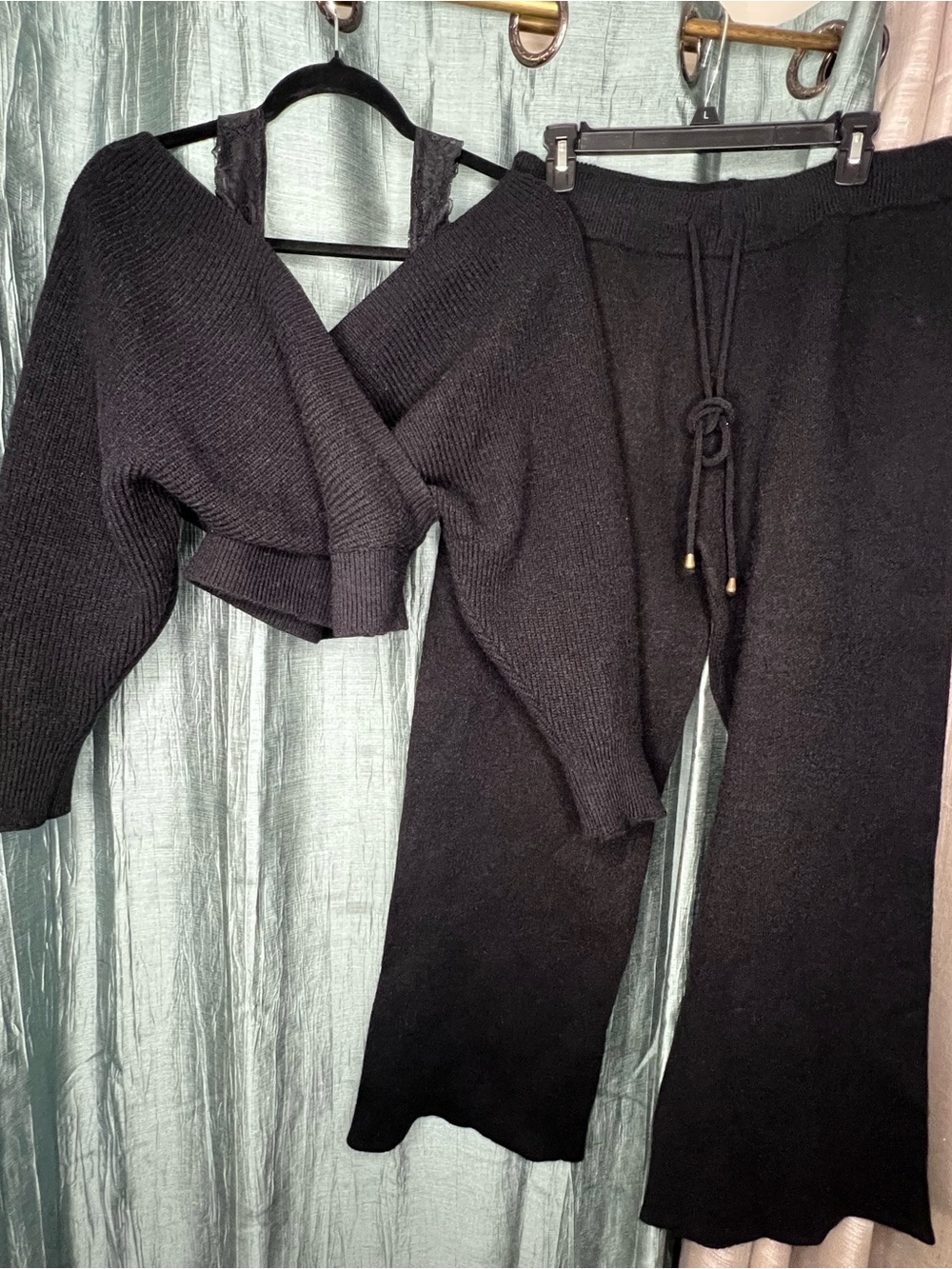 ROMWE Black Knit Cropped Sweater & Wide-Leg Pants Set XL